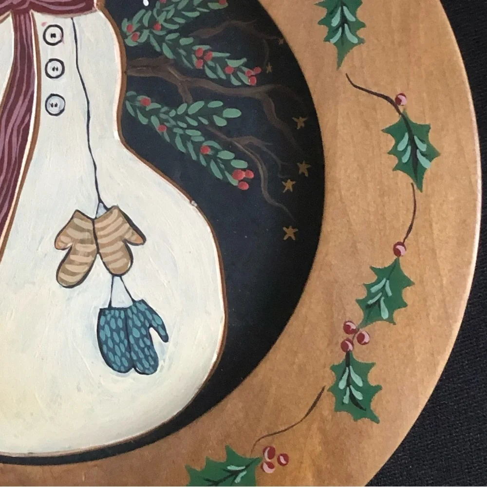 Hand-Painted Primitive Artist Signed Wood Plate Wall Plaque - Snowman Christmas